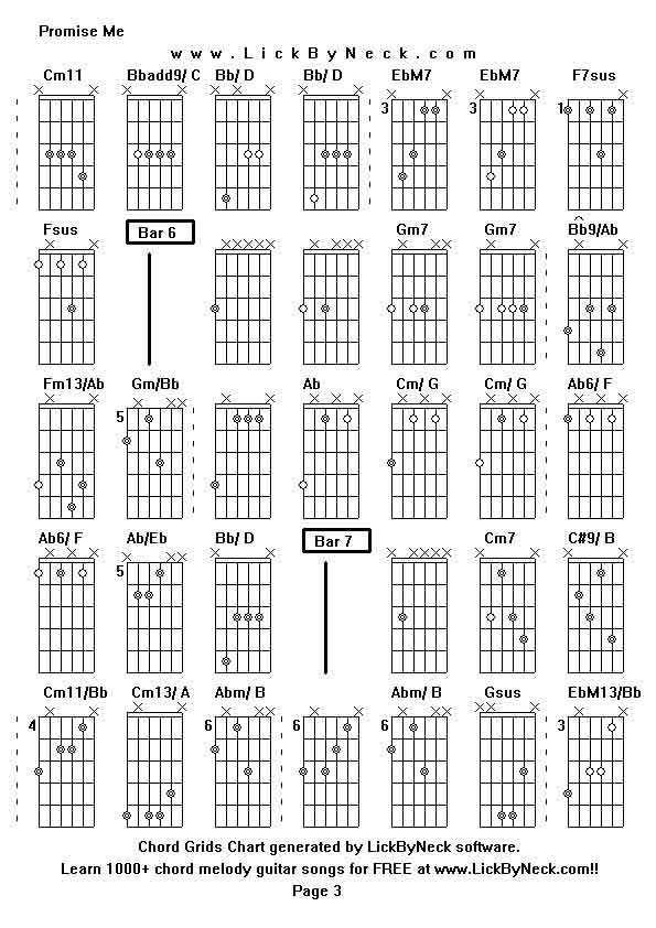 Chord Grids Chart of chord melody fingerstyle guitar song-Promise Me,generated by LickByNeck software.